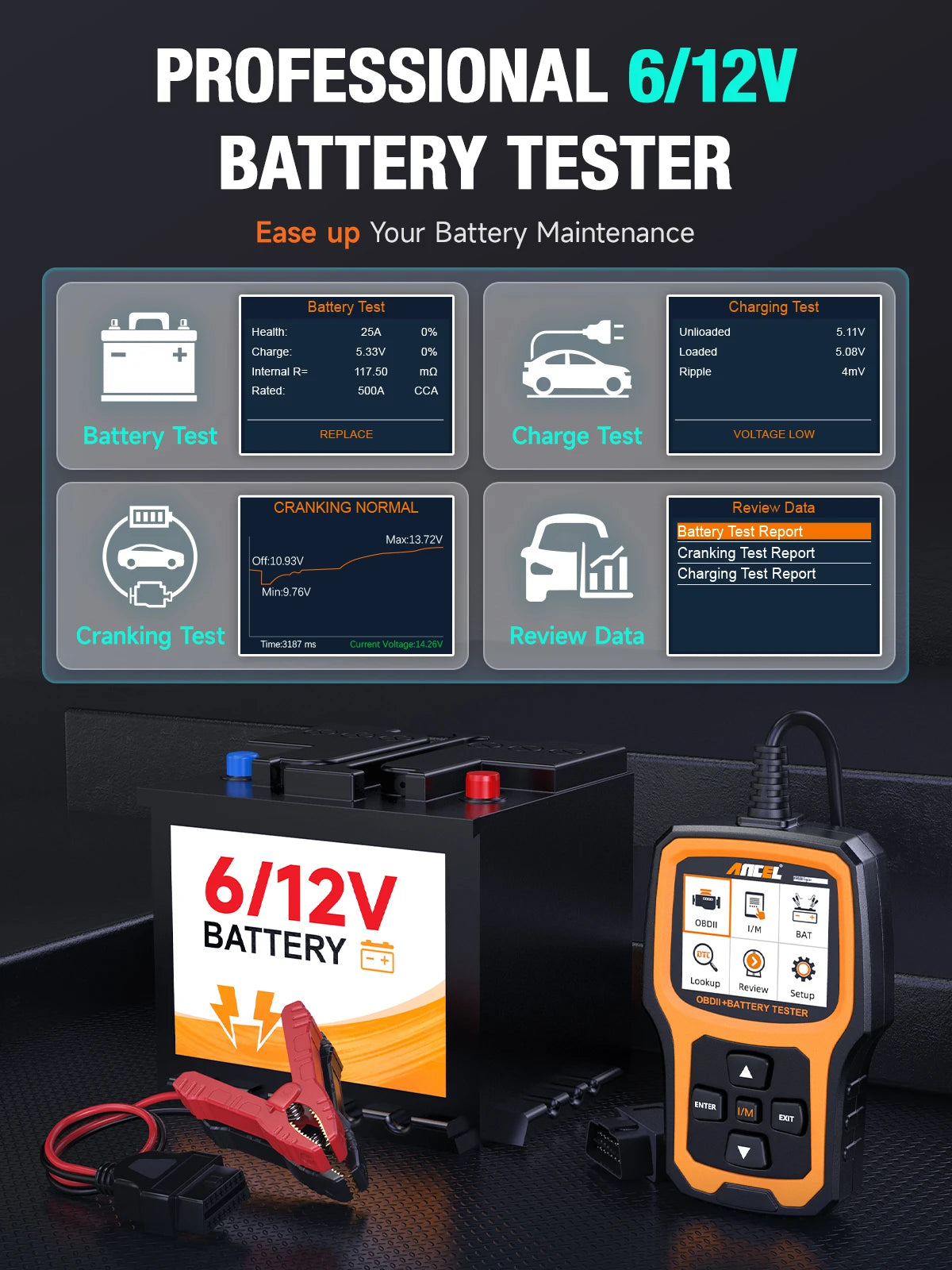 ANCEL AD410 PRO Code Reader + Battery Test Check Engine With Full OBD2 Function Car Diagnostic Tools