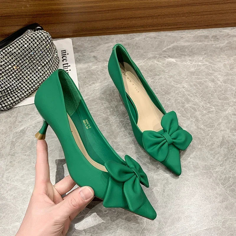 Bow-knot Women's Pumps Fashion Slip-on High Heels Sexy Pointed Office Shoes  Solid Color Shoes Modern Party Dress Pumps