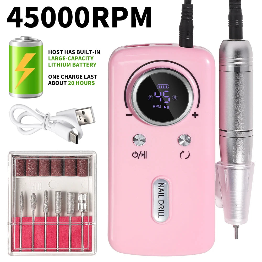 45000RPM Nail Drill Machine Electric Portable Nail File Rechargeable Nail Sander for Gel Nails Polishing For Home Manicure Salon