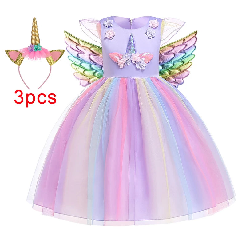 Girl Unicorn Cosplay Party Dress Rainbow Tutu Gown Kids Floral Summer Dresses Girls Birthday Tulle Clothes Children New Costumes