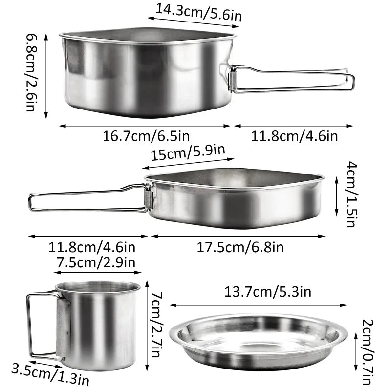 Backpacking Camping Cookware Mini Picnic Cooking Mess Kit Stainless Steel Pots Pan Plates Set for Hiking  Bushcraft and Picnic