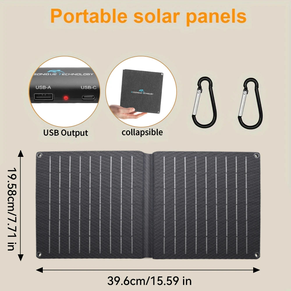 10W Solar Phone Charger with Detachable Power Hub, 19V DC/USB-A QC 3.0/USB C ETFE Portable Solar Panel