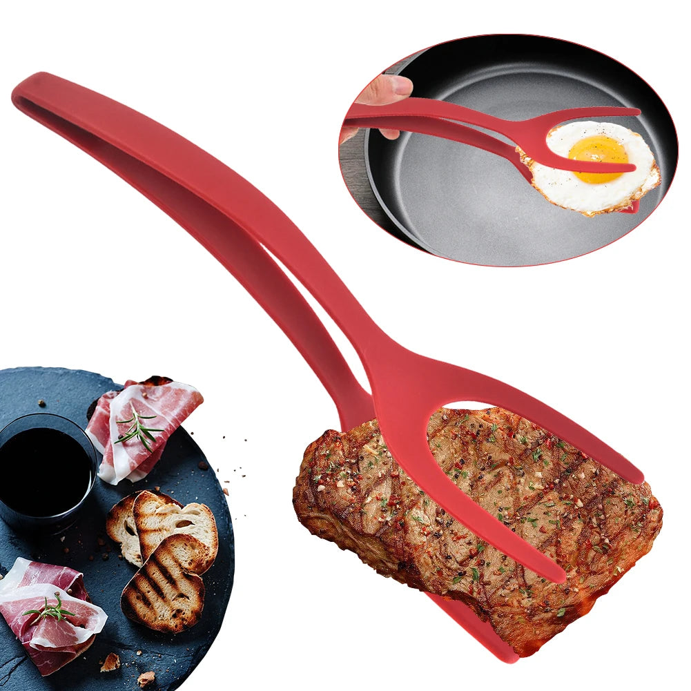 2 In 1 Steak Spatula Tongs Toast Pancake Egg Flip Tongs Silicone Grip Steak Spatula Tongs Clamp Cooking Accessories Gadget Tools