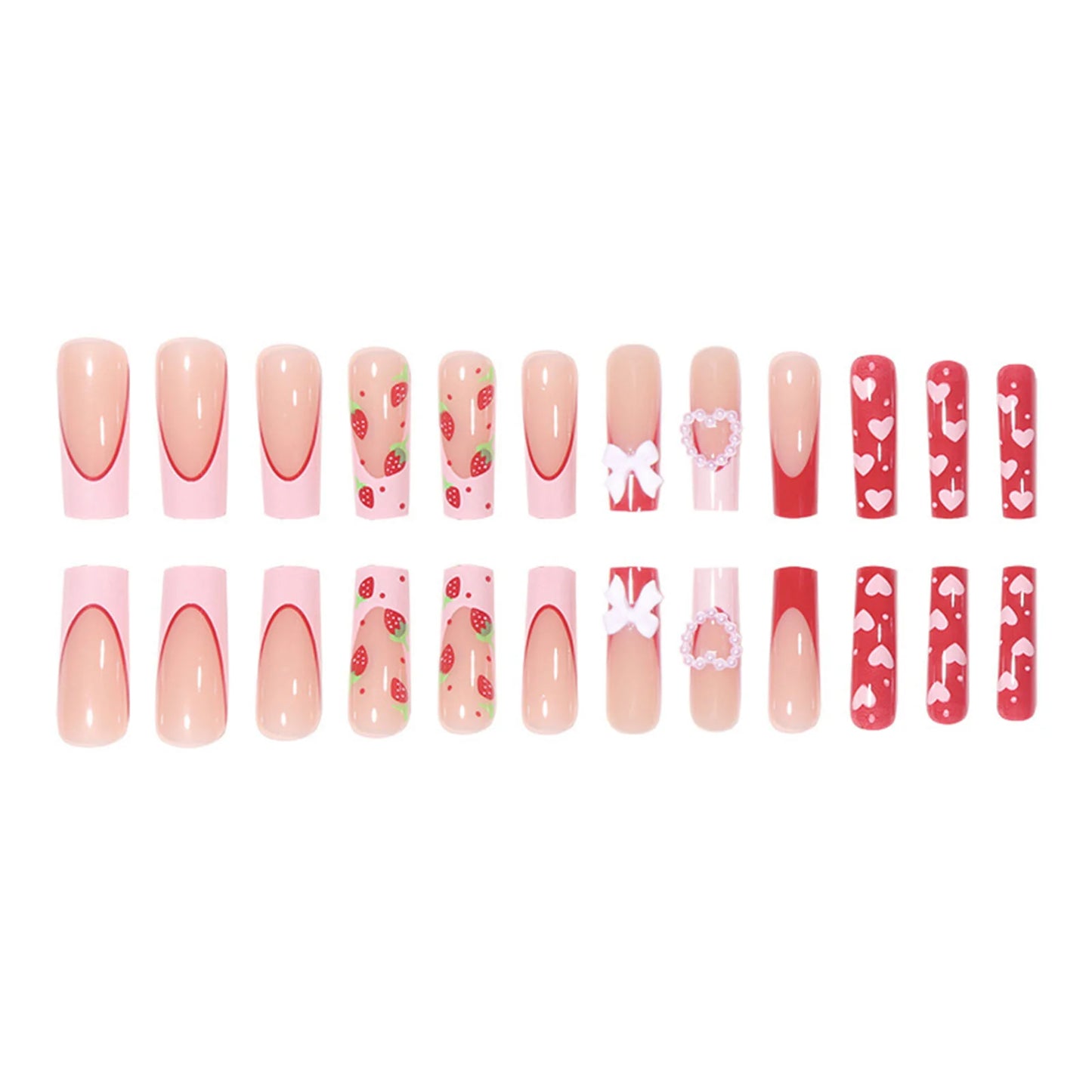 24 Pcs Press On Nails Pink Strawberry Fake Nails Glossy Artificial Finger Manicure Reusable False Nails For Women