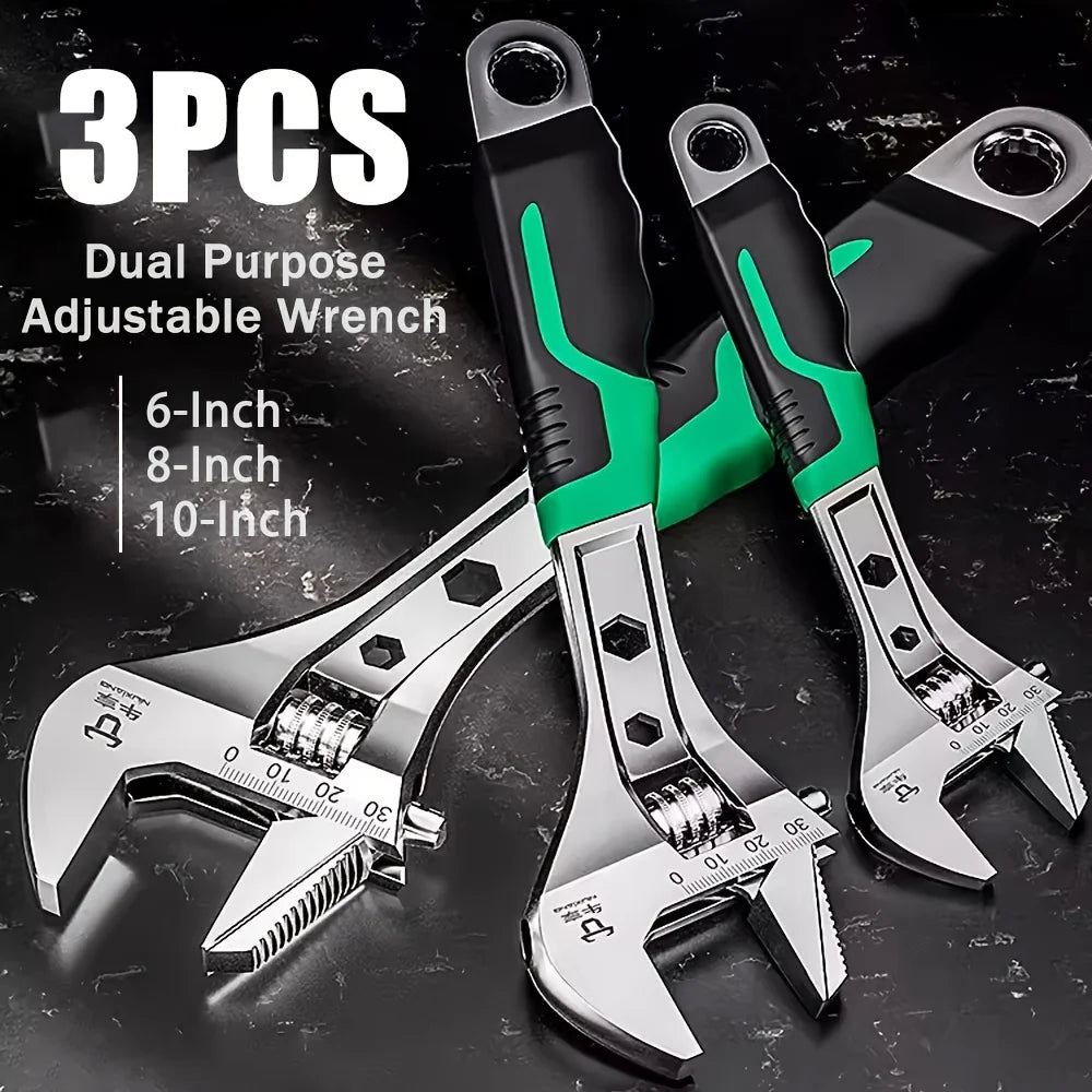 3pcs Adjustable Wrench Set ,8-Inch& 10-Inch& 12-Inch, 3-in-1 Spanner,Rubberized Anti-Slip Grips