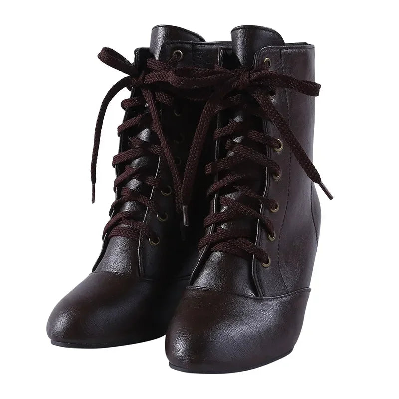 New Fashion Women Low Kitten Heel Ankle Boots Victorian Round Toe PU Leather Shoes Steampunk Lace Up Retro Jeans Boots