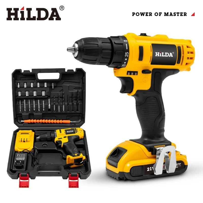 HILDA 21V Cordless Drill Electric Screwdriver  Wireless Power With Battery Driver Power Tools Yellow Drill