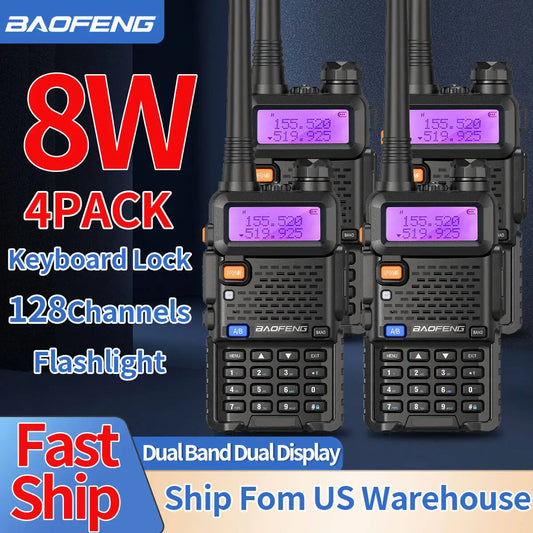 4X Baofeng UV-5R 8W Walkie Talkie Dual Band VHF UHF Long Range High Power Ham Radio UV5R 5R Handheld Two Way Radio For Hunting