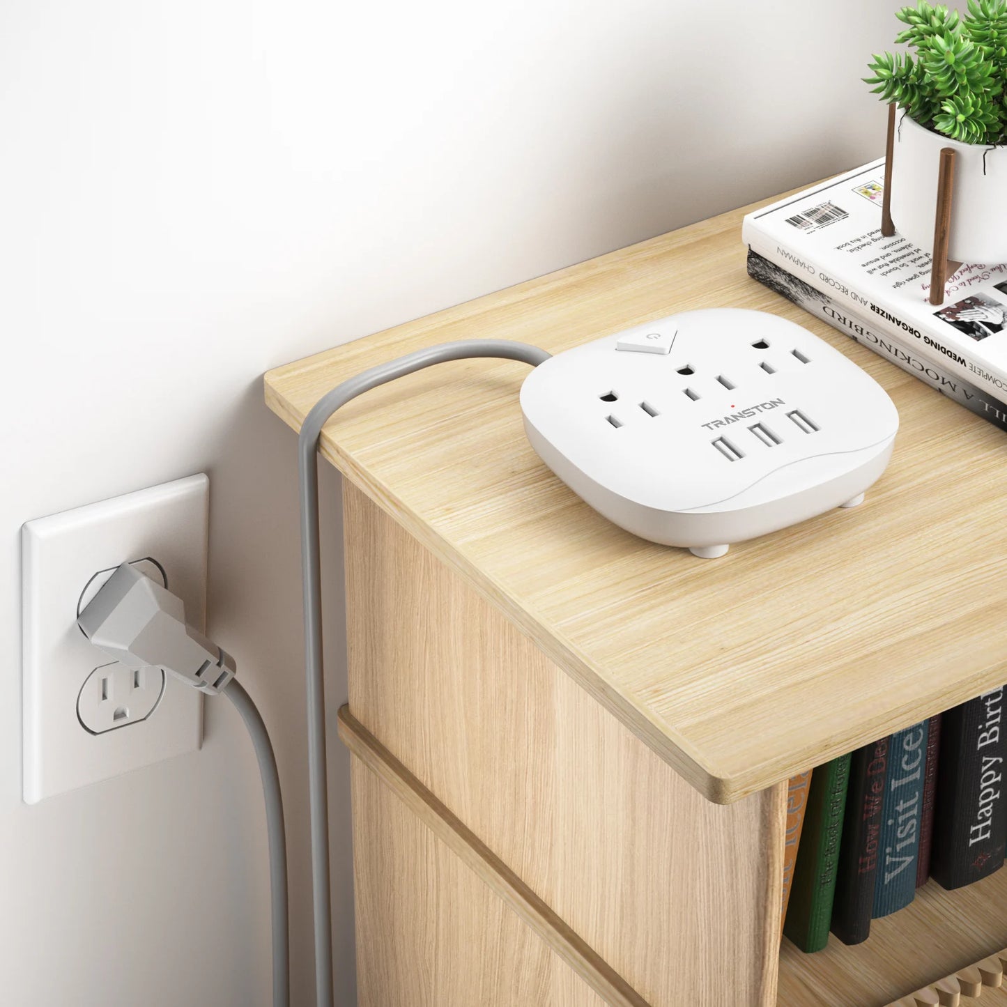 Power socket with switch, 3 sockets, 3 USB Ports, 5ft Extension Cord, Quick Charge, Fire Resistant, For Home and Office, White