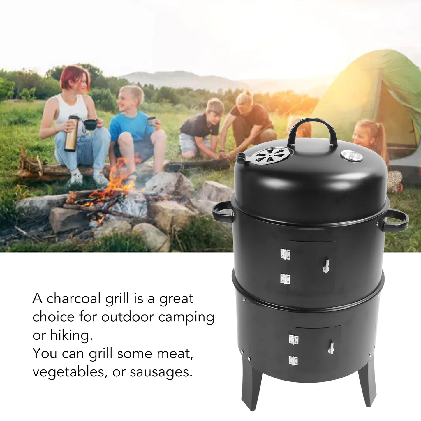 BBQ Smoker Vertical Charcoal Smoker 3 in 1 3 Layer Grill Barbecue Smoker BBQ Grill with Thermometer for Cooking Charcoal Smoker