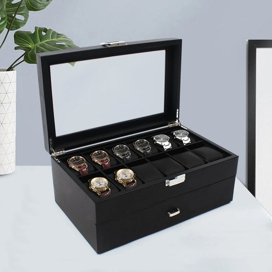 Watch Box 24 Mens Case Glass Top Black and Display Organizer Lockable