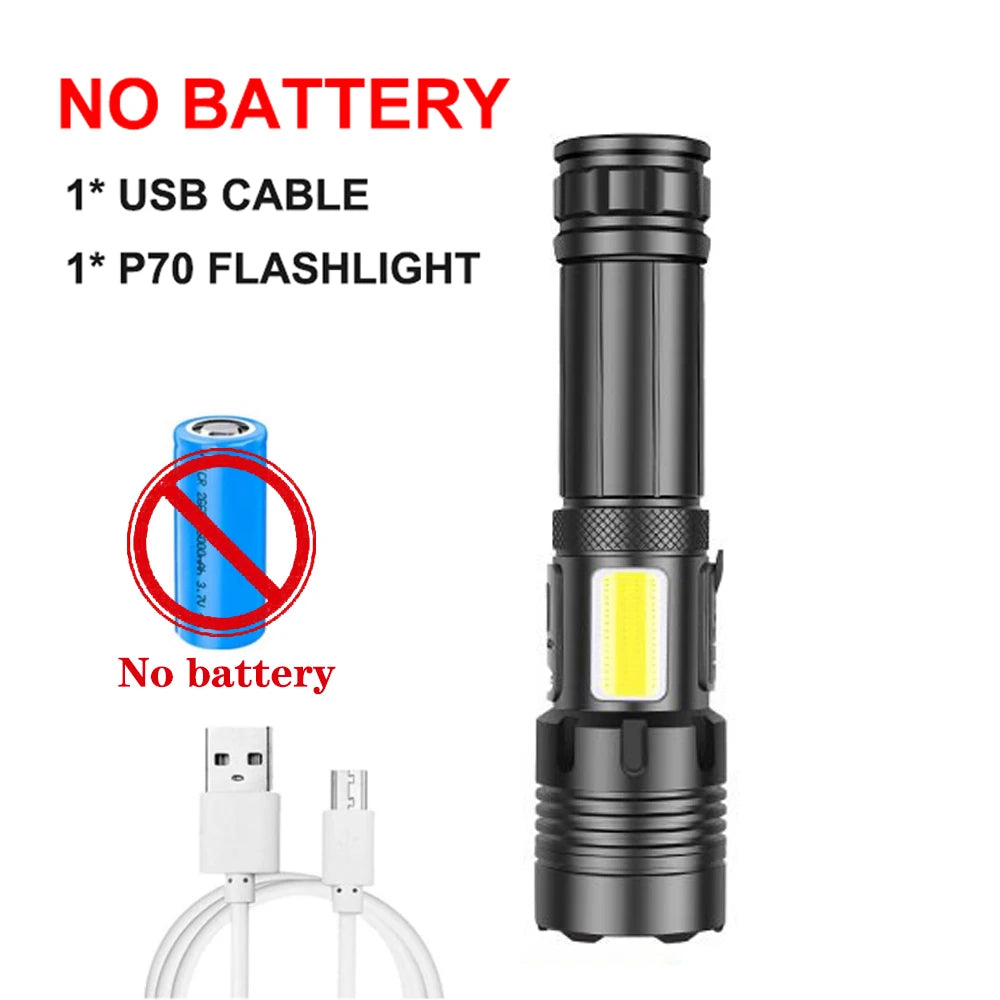 Rechargeable Super Bright Flashlight 7Modes High Lumens Tactical Flashlight Zoomable LED torch With COB Side Light and Display