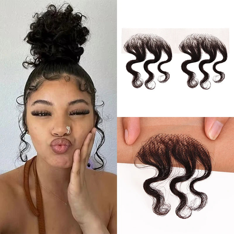 4inch Lace Edges Baby Hair 2pcs Human Hair Edges For Women Swiss Lace Curly Edges Baby Hair Strips Hairline Natural Black Color