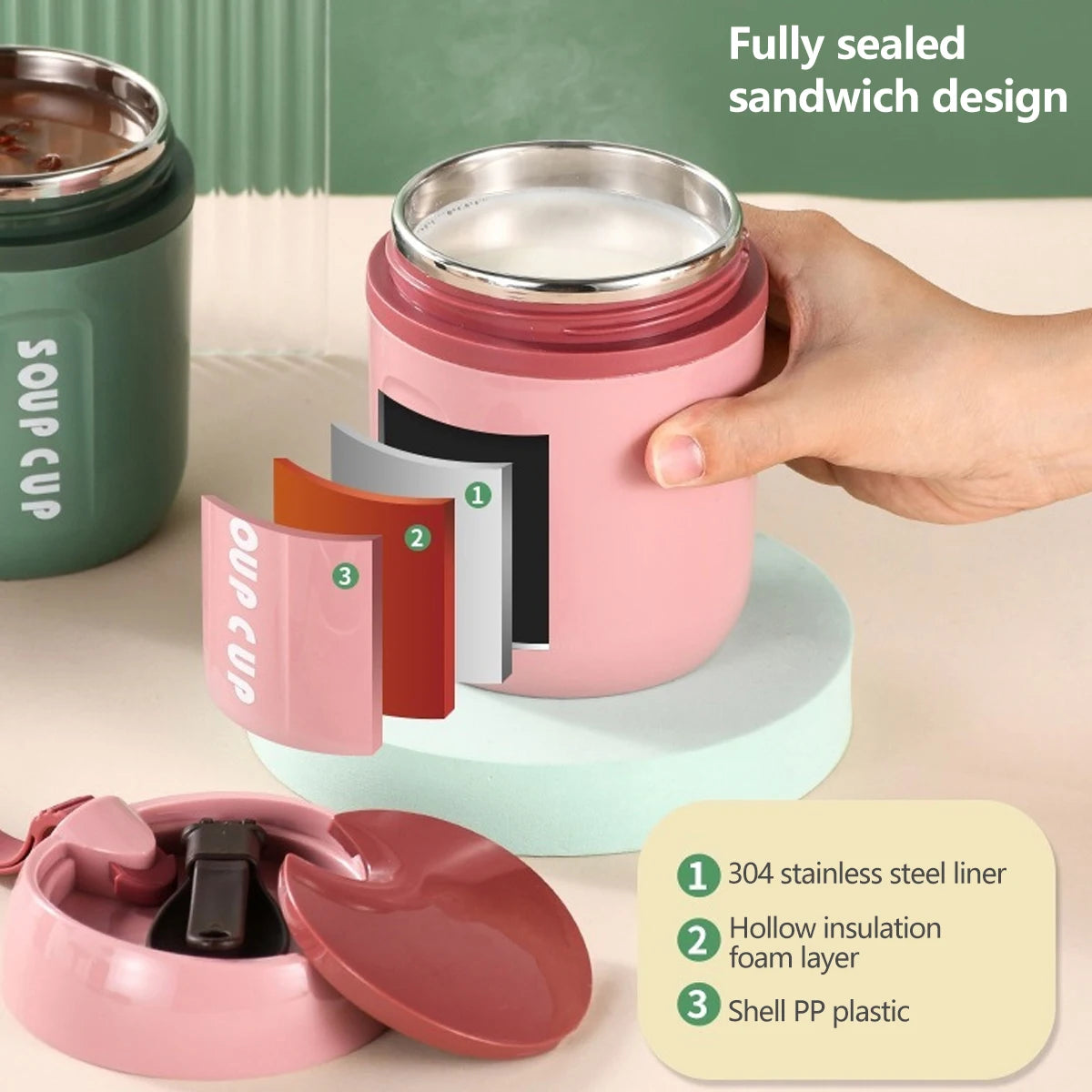 480ml Mini Thermal Lunch Box Stainless Steel Food Container with Spoon Flask Vaccum Cup Leak-Proof Soup Cups For Kids Students