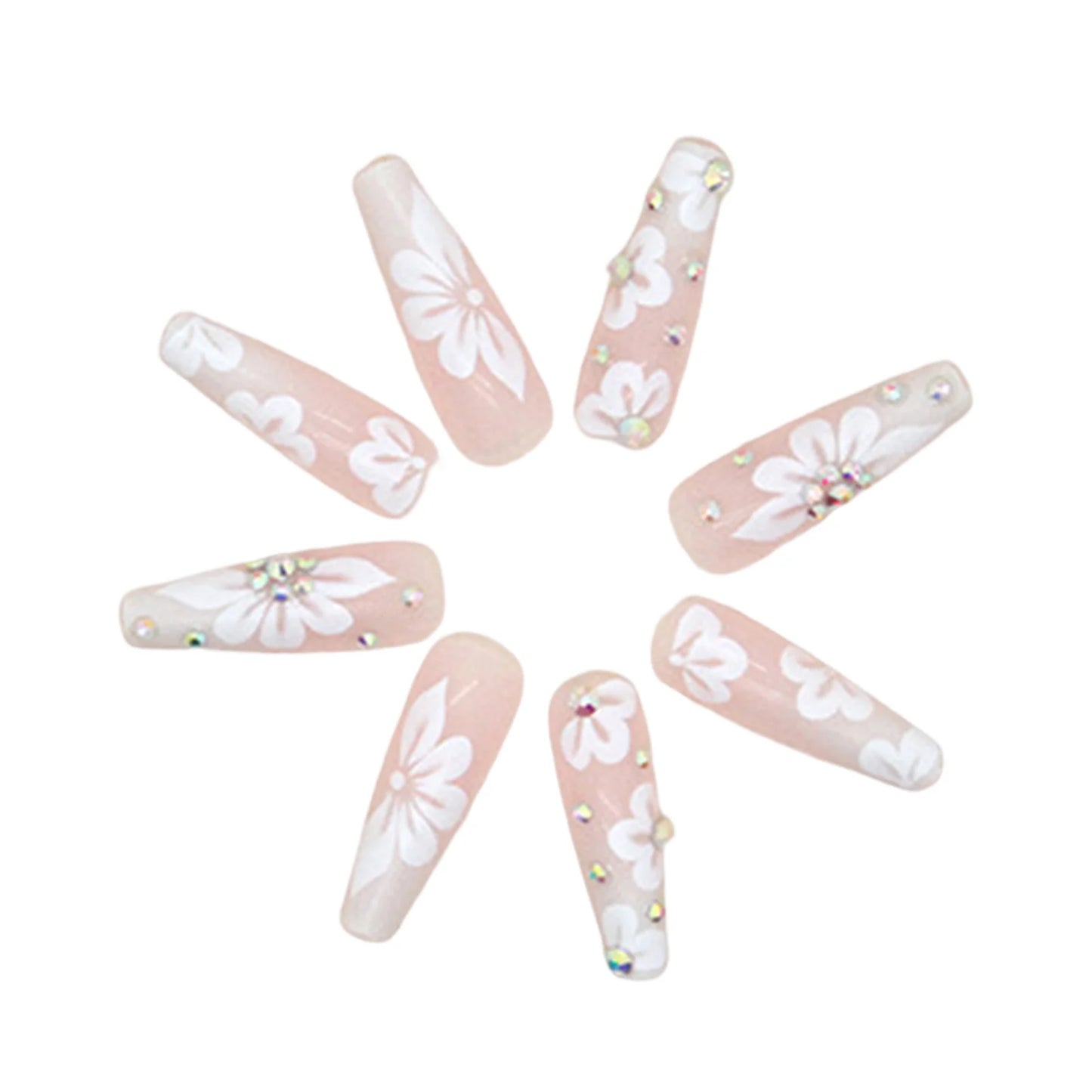 24pcs Detachable White Flower Patterns Fake Nails Polish-free Durable Use Nail Manicure Set attract attention fashion