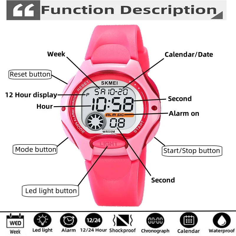 Skmei Student Digital Sport's Watches Fashion TPU Strap Waterproof Alarm Clock Kids Boy Girl Colorful Led Chronograph Time