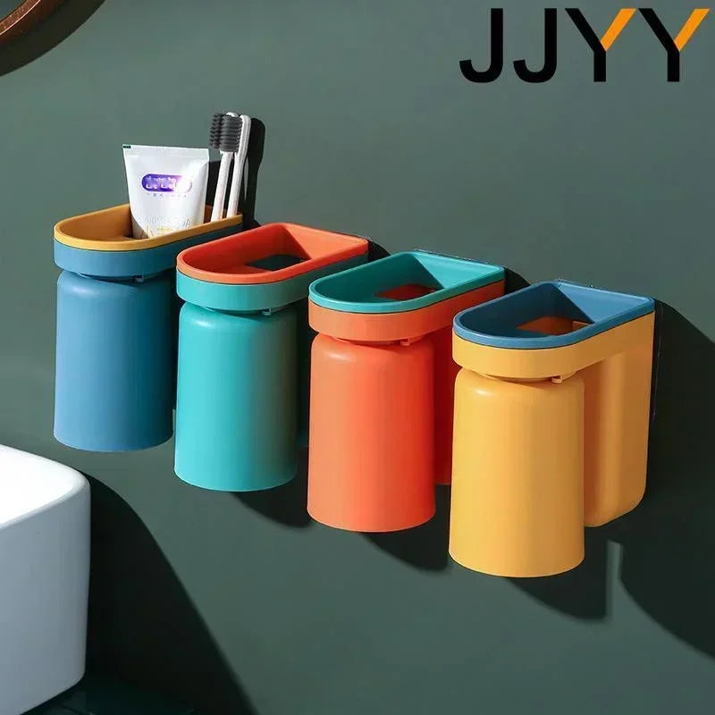 JJYY Multifunctional waterproof wall-mounted toothbrush holder Plastic Toothbrush Holder with Cups Bathroom Storage accessories