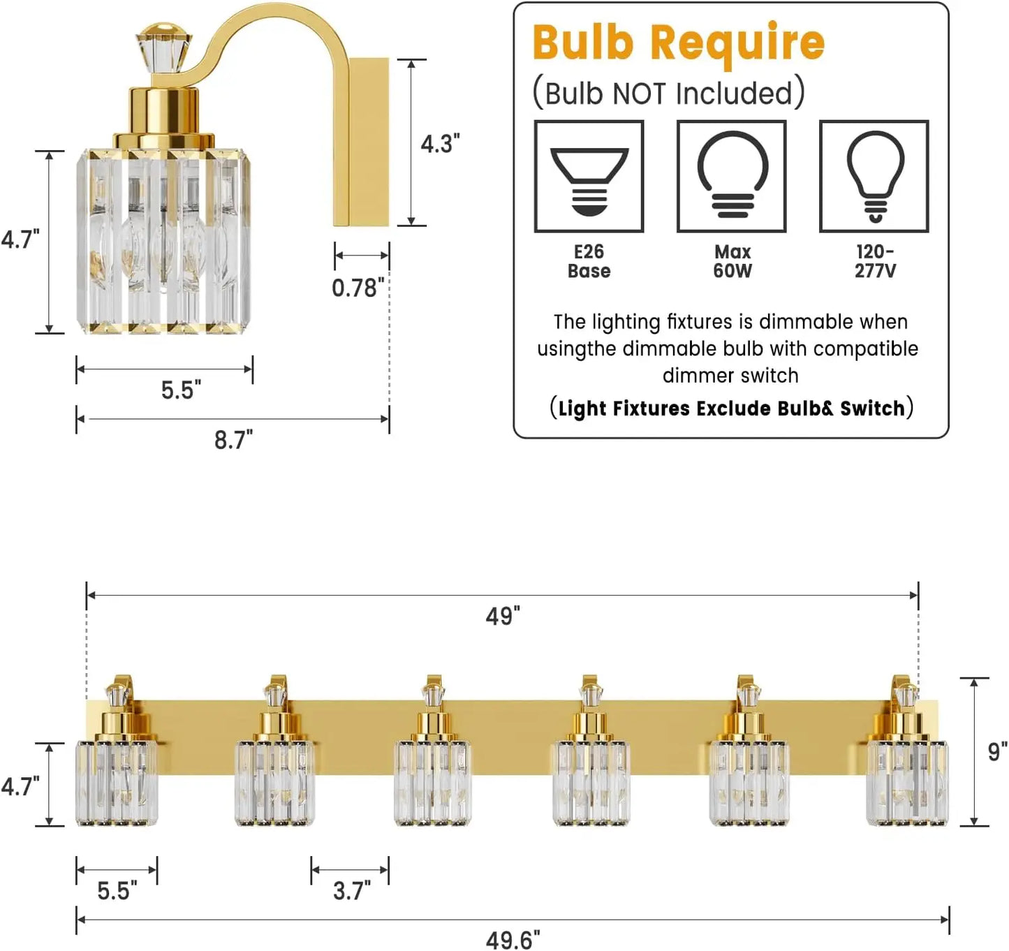 Modern Crystal Bathroom Vanity Lights,Crystal Vanity Shower Lights Over Mirror, Mirror Glass Crystal Bathroom Vanity Lighting