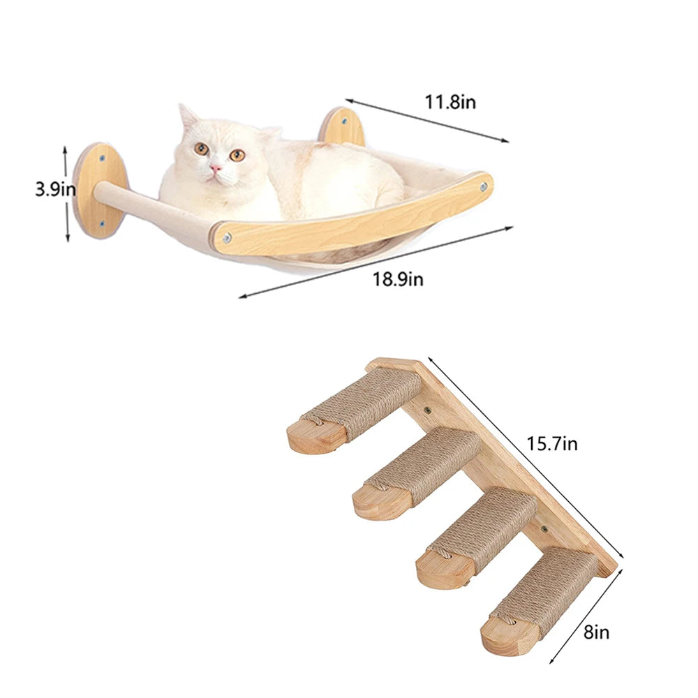 Cat Hammock and Stairway with Sisal Rope Wall Mounted Climbing Shelf Scratching Grinding Claws Toy for Kitten Cats Furniture