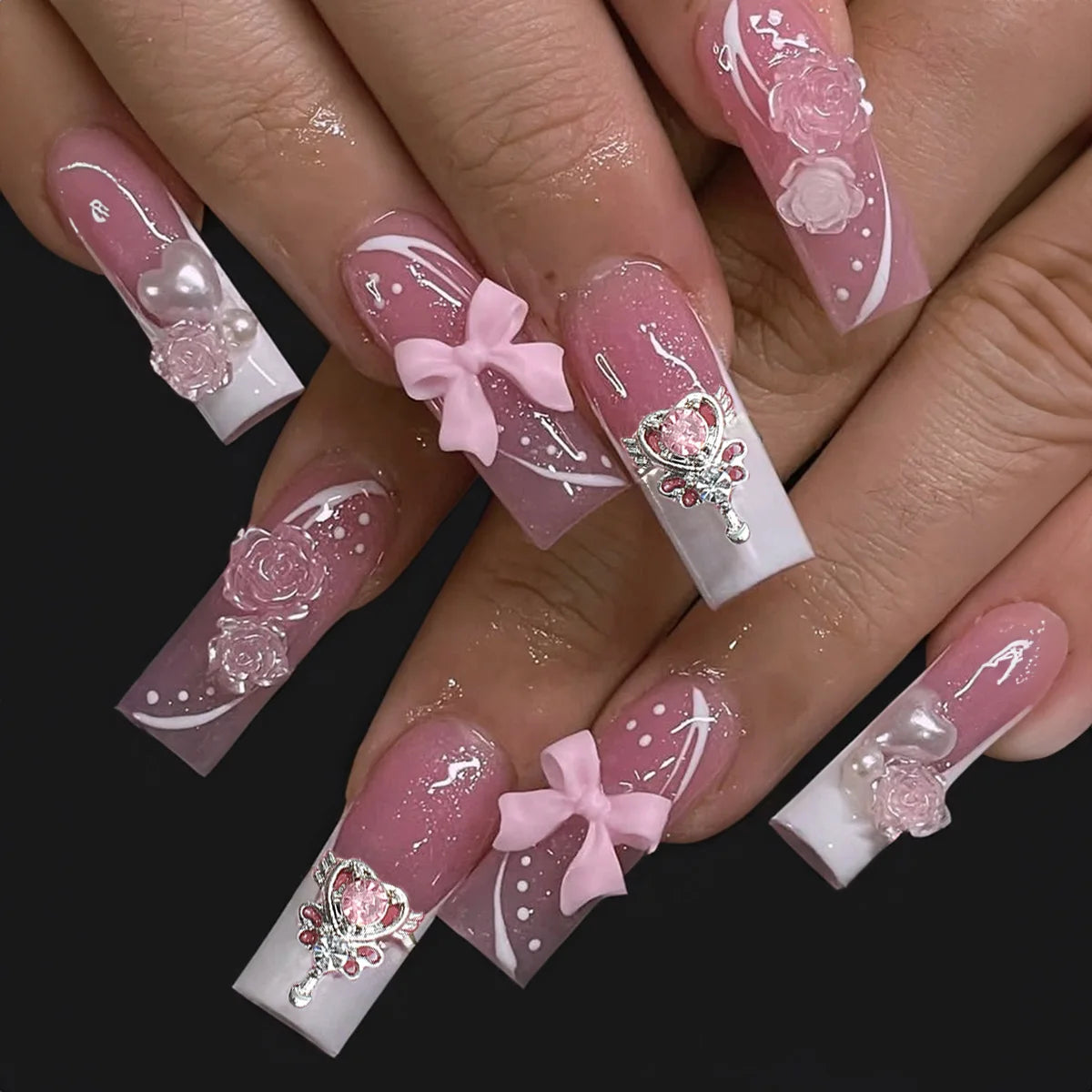 24Pcs Long Square False Nails with Bow Rhinestone Design Pink French Fake Nail Wearable Ballet Coffin Full Cover Press on Nails