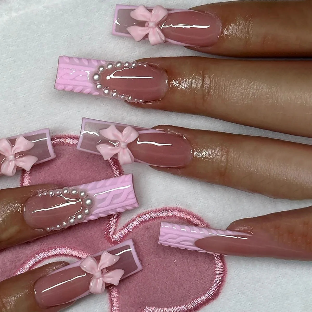 24Pcs Long Square False Nails with Bow Rhinestone Design Pink French Fake Nail Wearable Ballet Coffin Full Cover Press on Nails