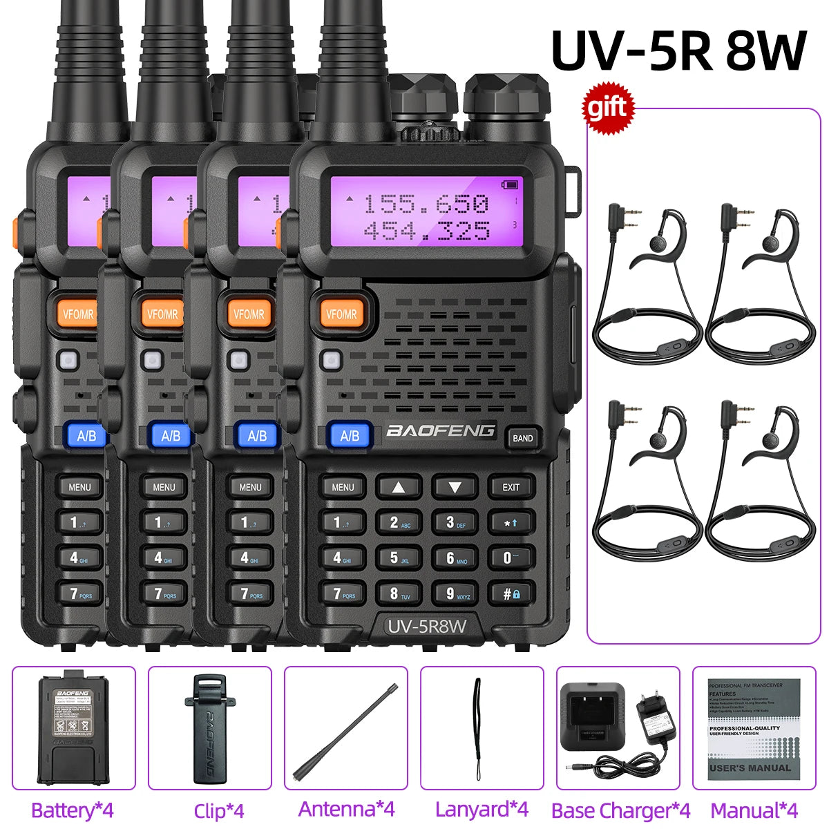 4X Baofeng UV-5R 8W Walkie Talkie Dual Band VHF UHF Long Range High Power Ham Radio UV5R 5R Handheld Two Way Radio For Hunting