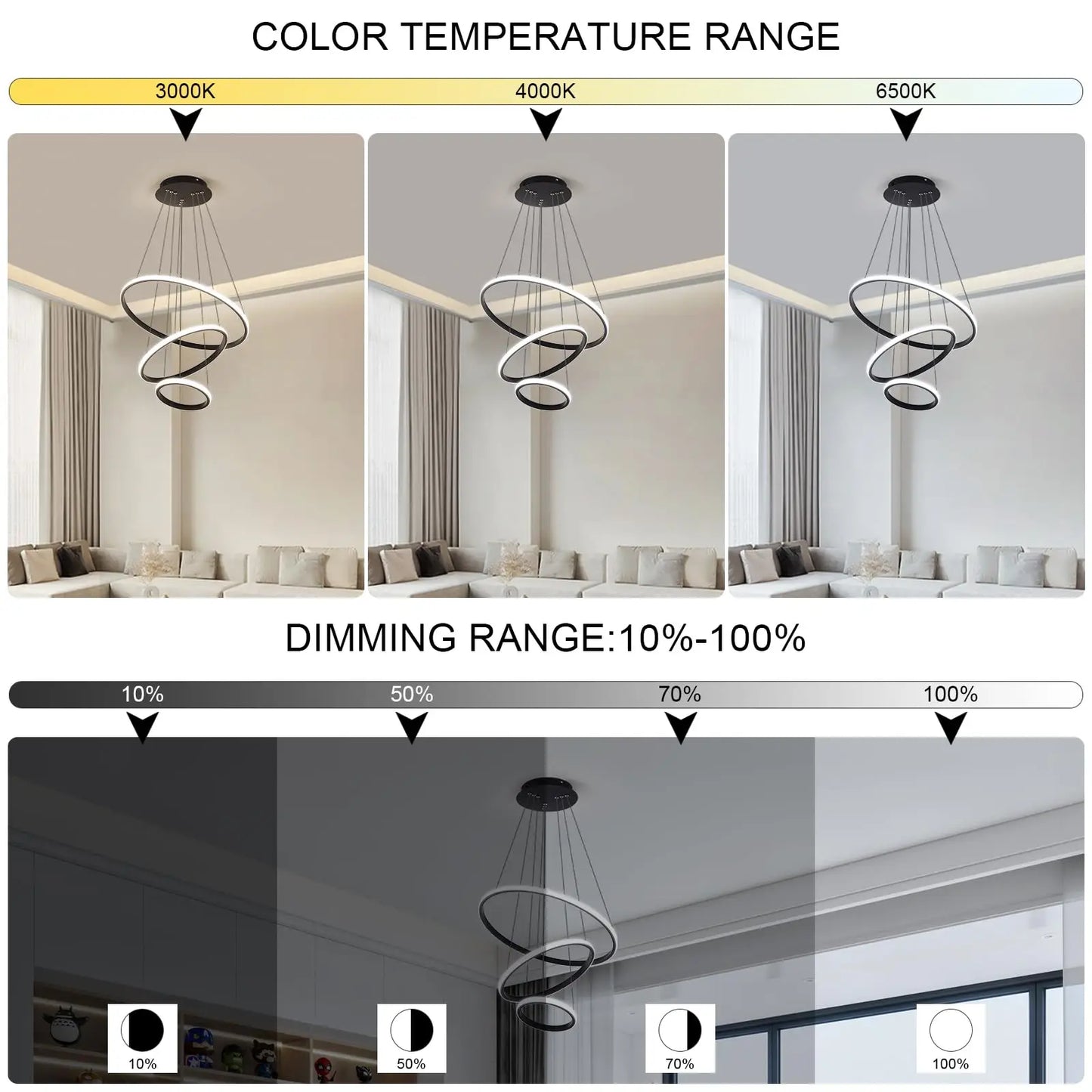 Dimmable Modern LED Chandelier,3 Rings Black Pendant Light with Remote,3000K-6500K Adjustable,40W Ceiling Light for Bedroom