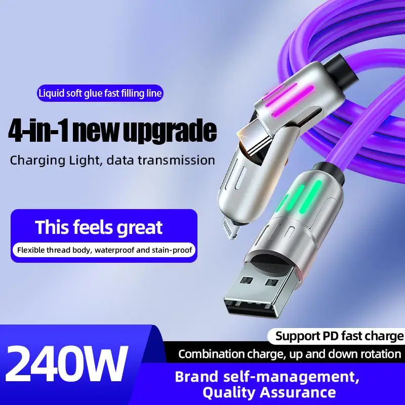 240W 4 in 1 Functional Super Fast Charge USB Type C Liquid Silicone Aluminum Alloy Data Cable For iPhone Huawei Samsung Xiaomi