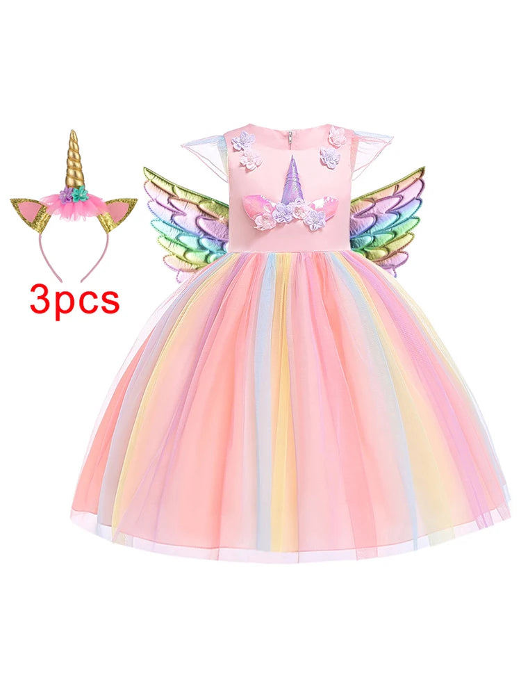 Girl Unicorn Cosplay Party Dress Rainbow Tutu Gown Kids Floral Summer Dresses Girls Birthday Tulle Clothes Children New Costumes