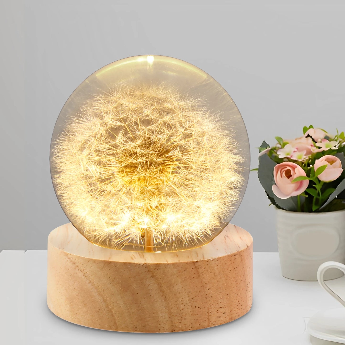 Dandelion Crystal Ball with Wooden Base USB Powered Dandelion Crystal Ball Night Lamp Fancy Crystal Ball for Home Decoration