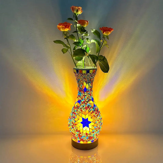 Mosaic Vase Lamp, Turkish Moroccan Table Lamp,Colorful Handmade Glass Vase with Wood Base for Flowers, USB Charge Decor Light