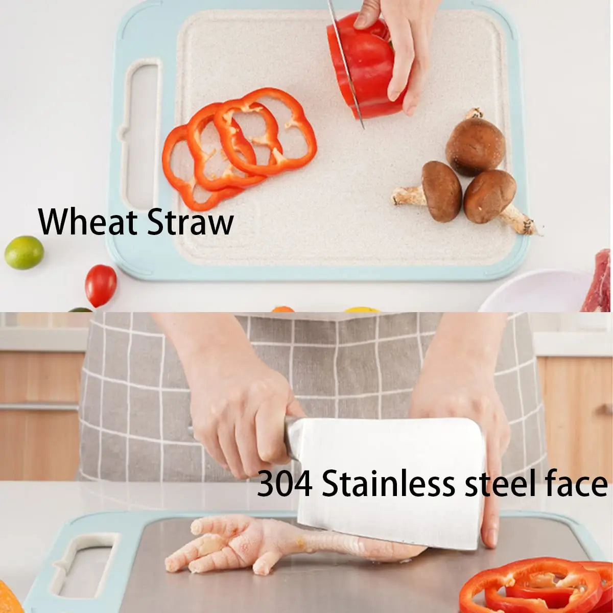 Double-Sided Cutting Board 304 Stainless Steel and Wheat Straw Chopping Board for Kitchen Thawing Function boards Grinding Knife