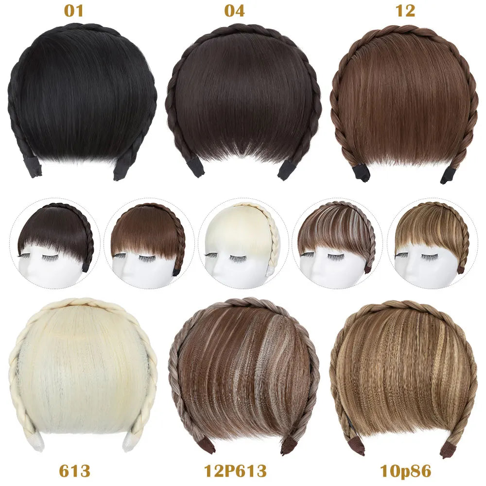 NEW Elegant Braided Headband With Hair Bang for Women Hair Extensions Synthetic Bangs Braided Wig Straight Neat Bangs Hairpieces