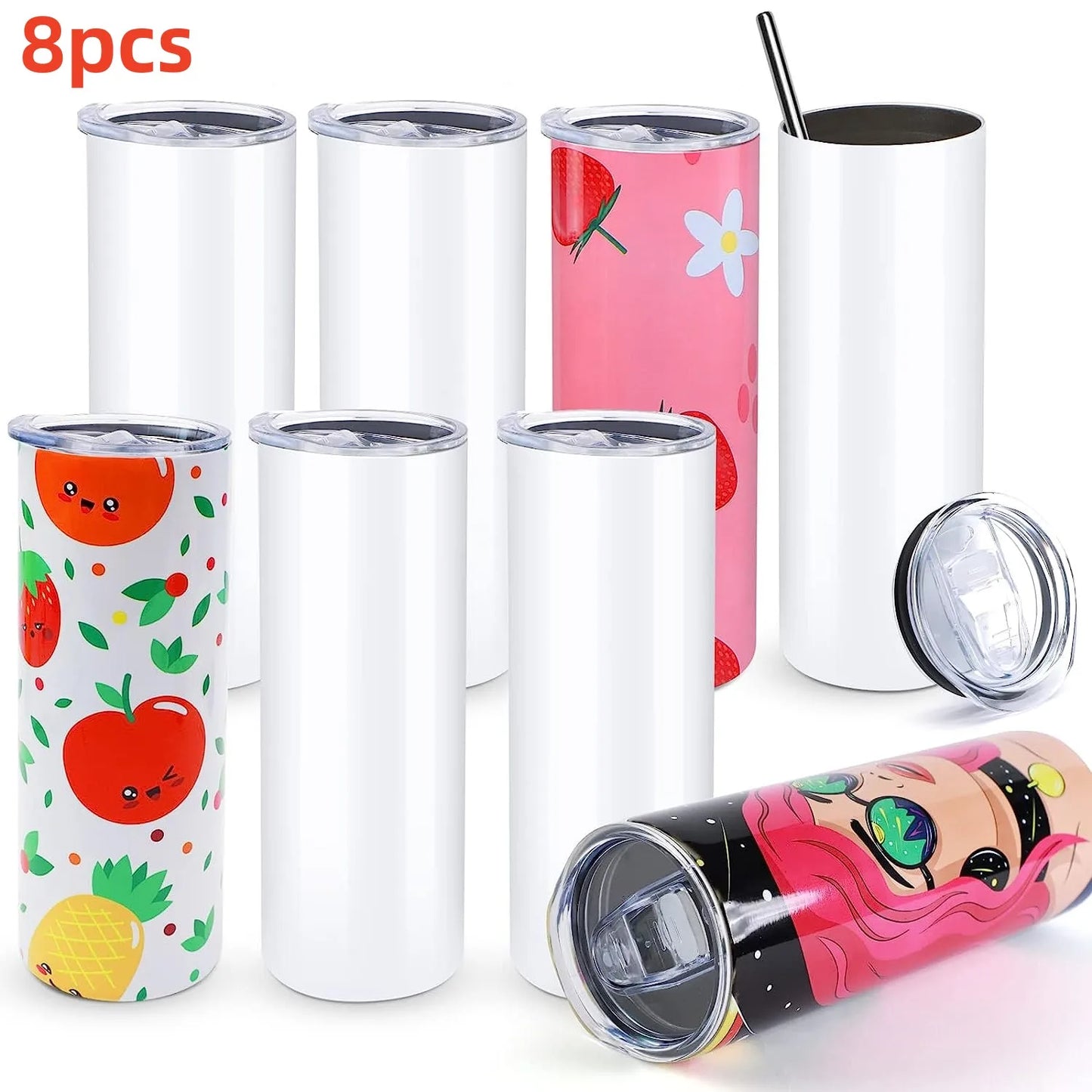 HTVRONT 8pcs Stainless 20 OZ Sublimation Tumblers Skinny Straight Sublimate Tumbler Blank DIY Mugs Cups with Sublimation Papers