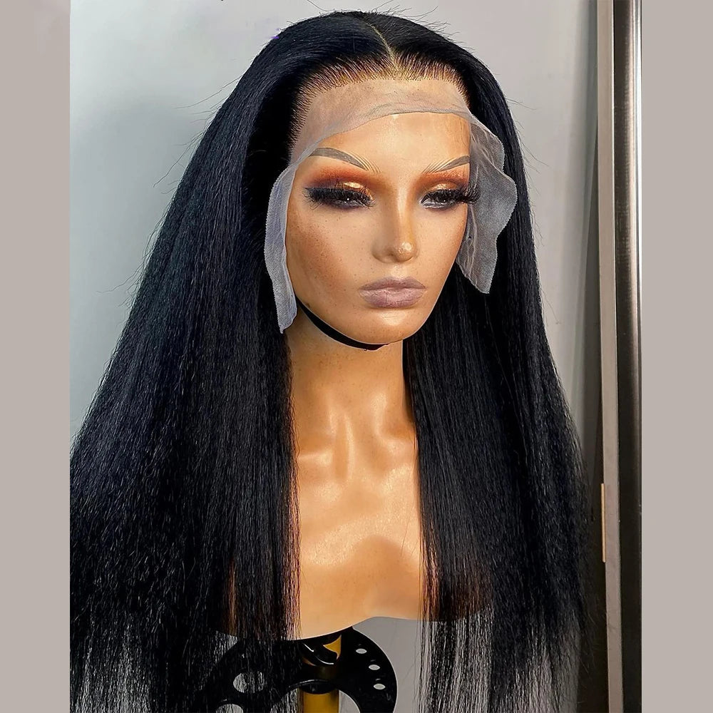 Soft Long 26Inch Yaki Kinky Straight 180Density Natural Black Lace Front Wig For Black Women Preplucked Glueless Baby Hair Daily