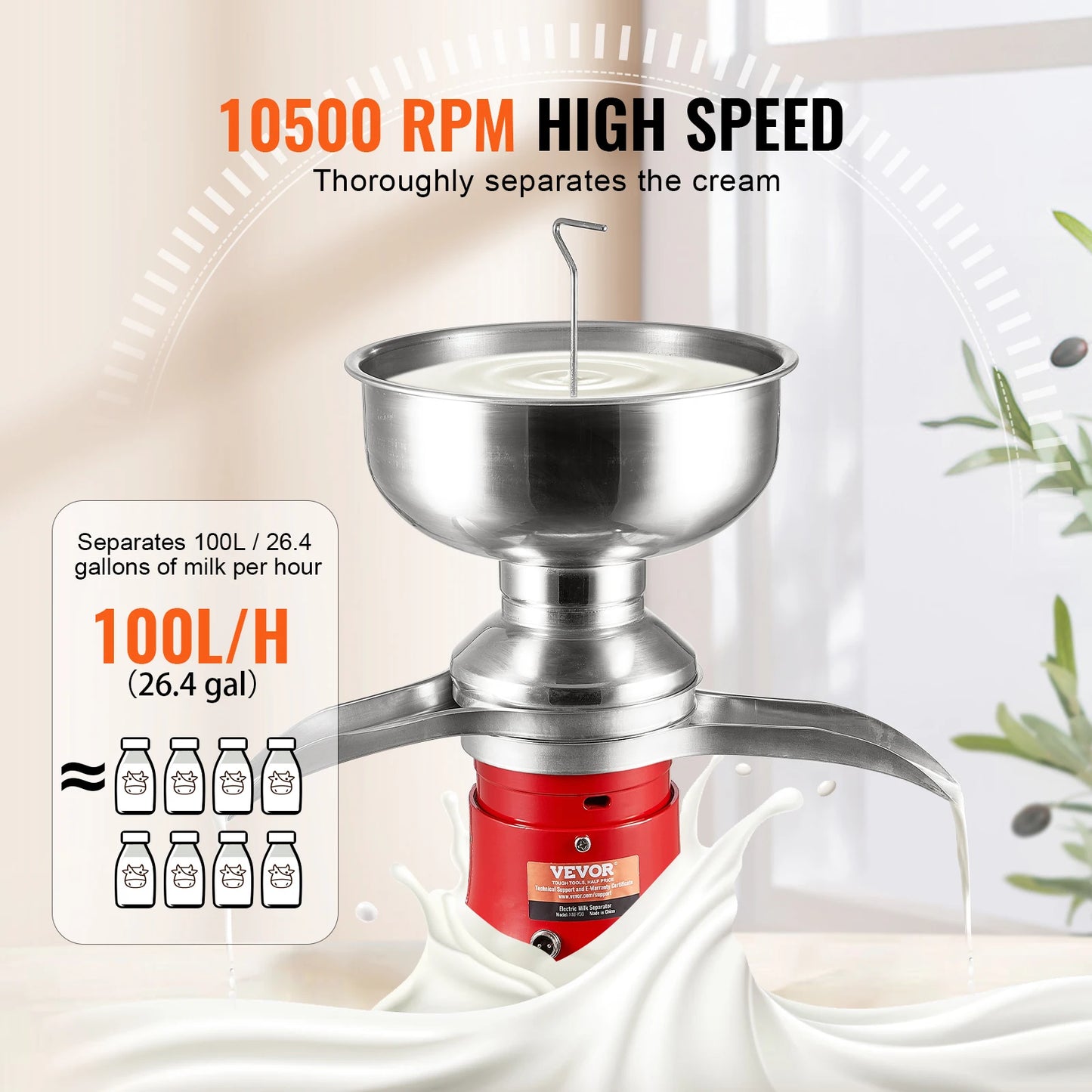 VEVOR Milk Cream Centrifugal Separator, 304 Stainless Steel Electric Cream Separators, 100L/H Output 10500RPM Goat Milk Separato