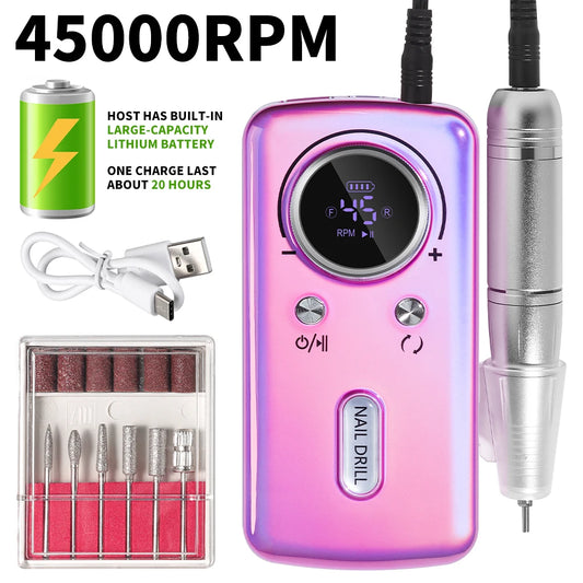 45000RPM Nail Drill Machine Electric Portable Nail File Rechargeable Nail Sander for Gel Nails Polishing For Home Manicure Salon