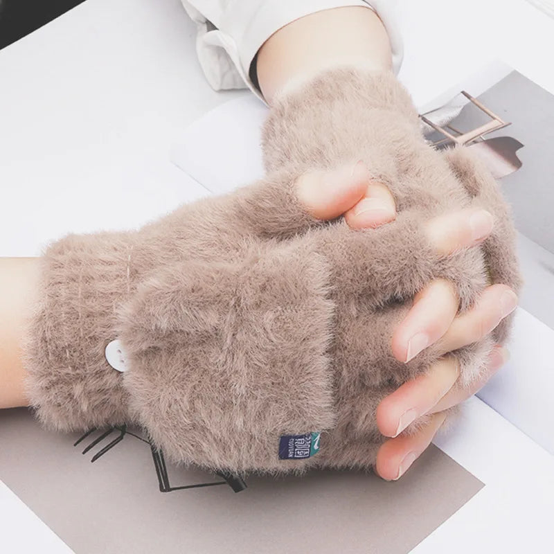 Plush Gloves Female Winter Warm Open-Fingered Flip Gloves Outdoor Gloves Thickened Cold Explosion-Proof Unisex