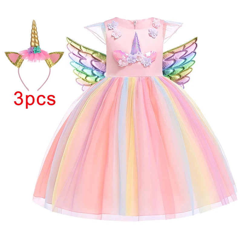 Girl Unicorn Cosplay Party Dress Rainbow Tutu Gown Kids Floral Summer Dresses Girls Birthday Tulle Clothes Children New Costumes