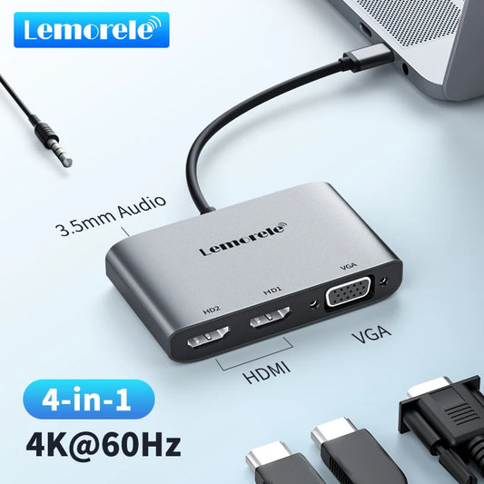 Lemorele 2 Port USB C Hub to Dual HDMI 4K 60HZ Dual Screen Expansion Type C VGA Docking Station For Macbook Laptop Mobile Phone