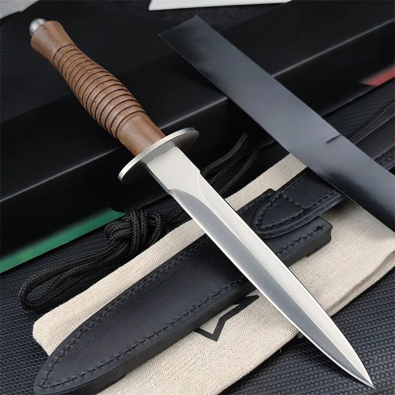 Outdoor Straight Knife N690 Blade Rosewood Handle with Black Cowhide Sheath Durable Multitool Fixed Blade Knife Gifts for Men