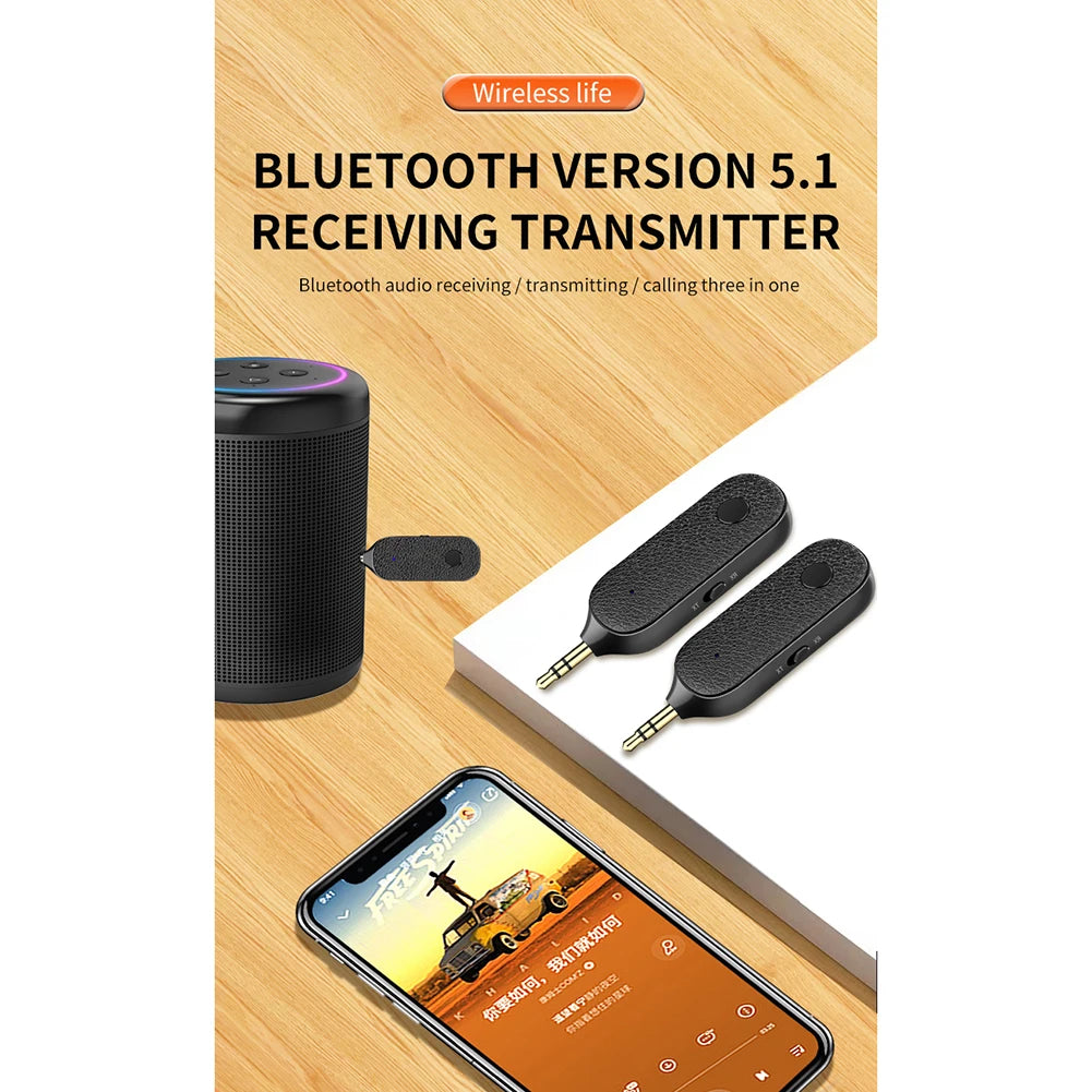 Bluetooth-Compatible 5.1 Receiver Audio Adapter 3.5mm Aux Wireless Transmitter Car Handsfree Microphone Headphone Adapter Black