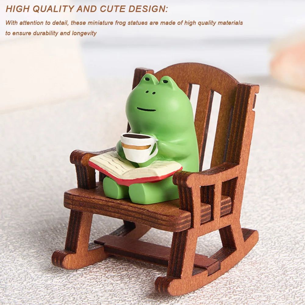 Handmade DIY Micro Rocking Chair Cute Mini Frog Resin Figurine Rocking Chair Design with Book Coffee Home Office Desktop Crafts