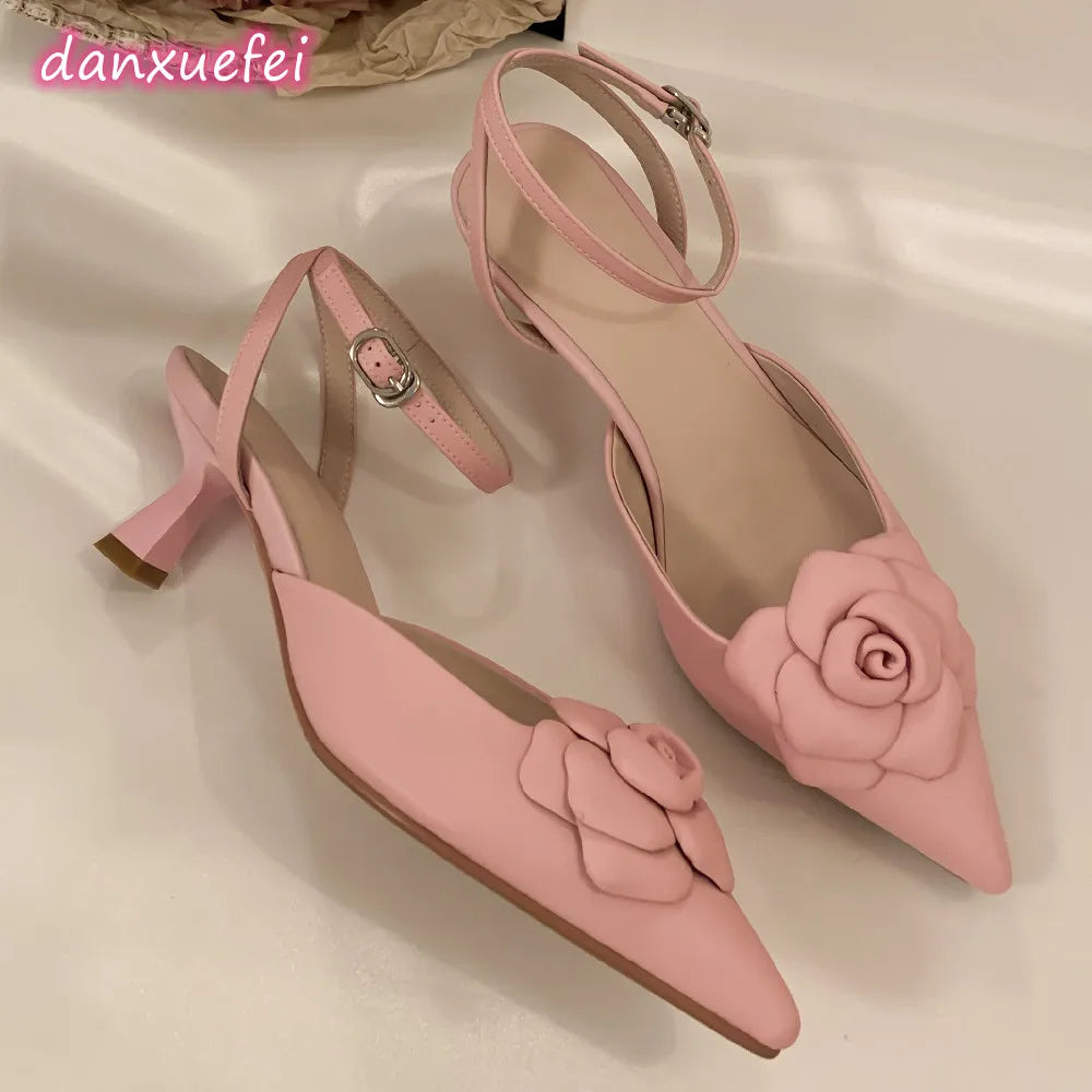 danxuefei women's genuine leather ankle strap 6cm thin high heel pointed toe sandals flower elegant ladies summer pumps shoes