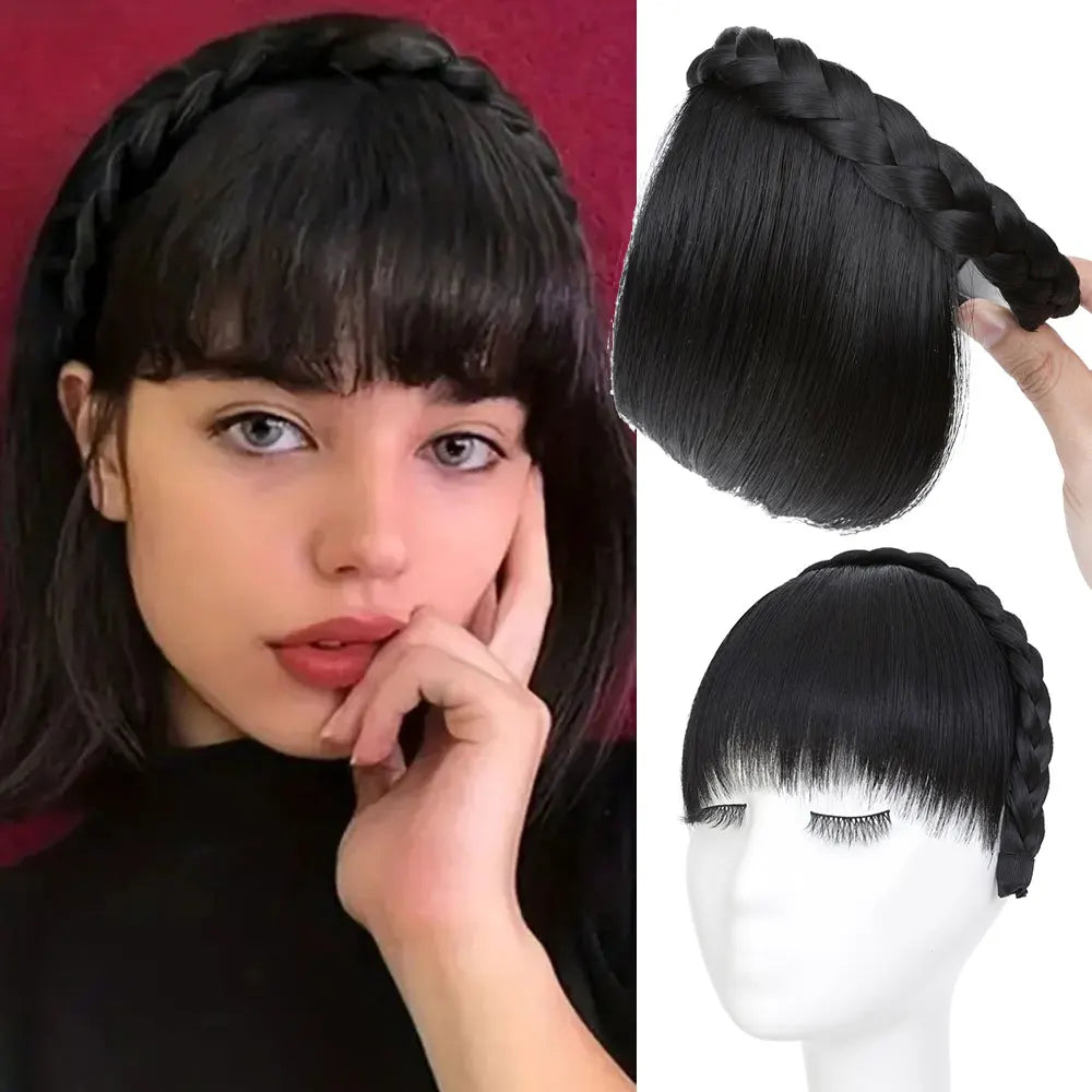 NEW Elegant Braided Headband With Hair Bang for Women Hair Extensions Synthetic Bangs Braided Wig Straight Neat Bangs Hairpieces