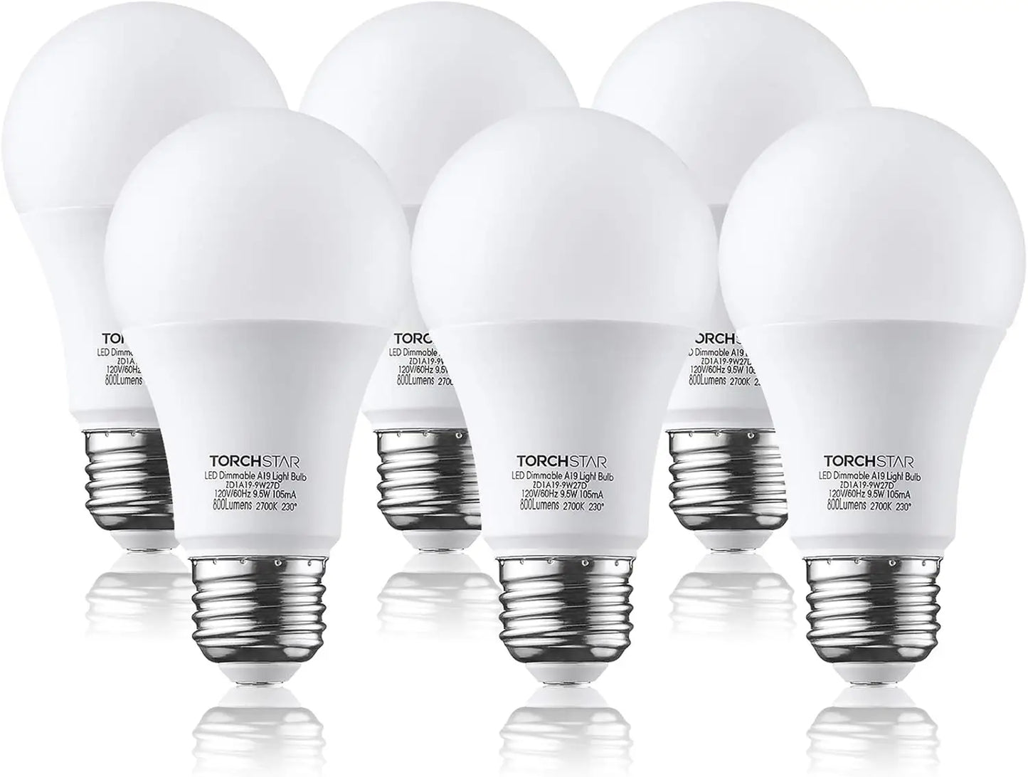 6 Pack A19 LED Bulb 60W Equivalent, 2700K Softe White, Dimmable Standard LED Light Bulbs 9.5W, E26 Base