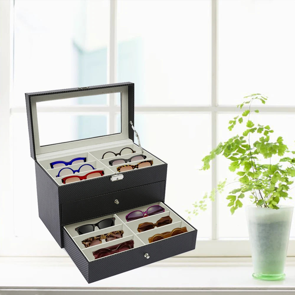 18-Grid Carbon Fiber Eyeglass Case Modern Style Sunglasses Storage Box Glasses Storage Box Three Layers Space-Saving