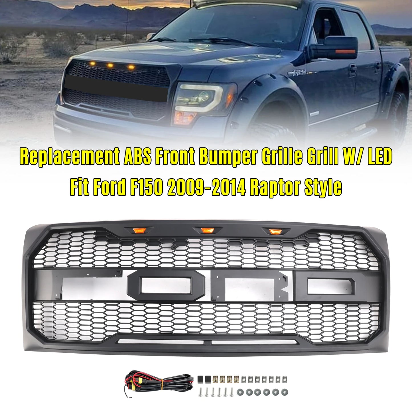 Artudatech Raptor Style Front Bumper Grille Grill With LED Fit Ford F150 2009-2014 Black