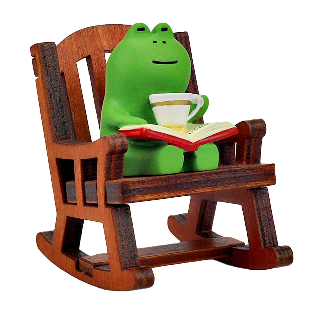 Frog Drinking Coffee Ornament Creative Cartoon Frog Animal Statue Miniature Frog Read Book Figurines for Shelf Desk Decoration