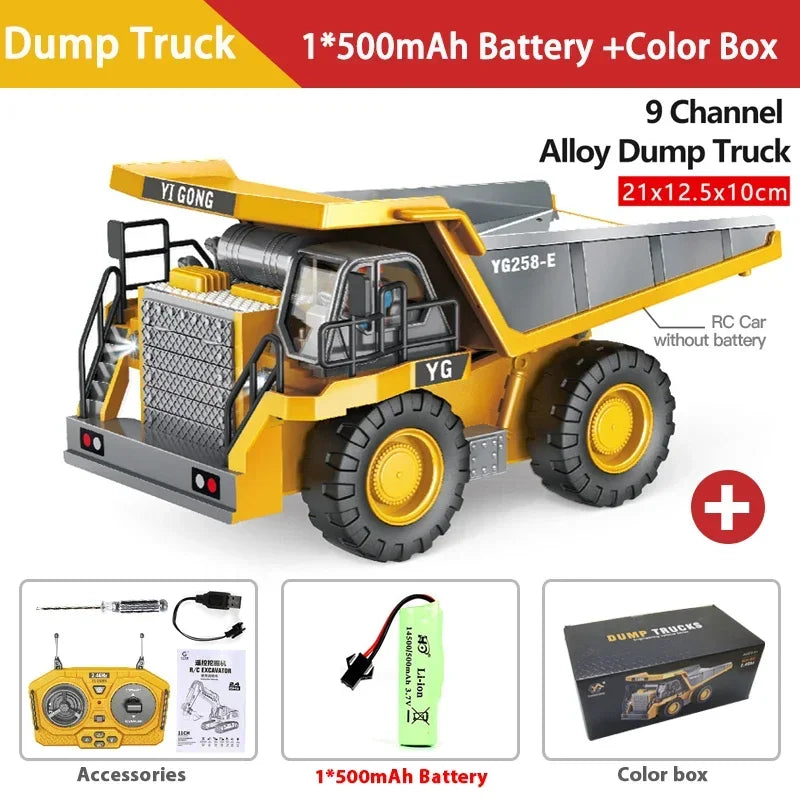 1:24 9CH RC Alloy Dump Truck Car Engineering Vehicle Forklift Heavy Excavator Remote Control Car Toys for Boys Children's Gifts